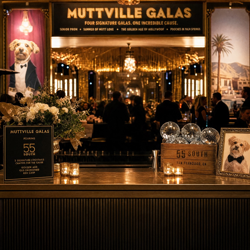 55 South bar at a Muttville gala, with the marquee and disco balls in a branded crate